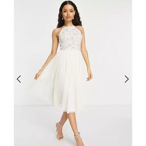 New! Maya deluxe Bridal bardot midi tulle‎ dress tonal sequin in ecru, size 10